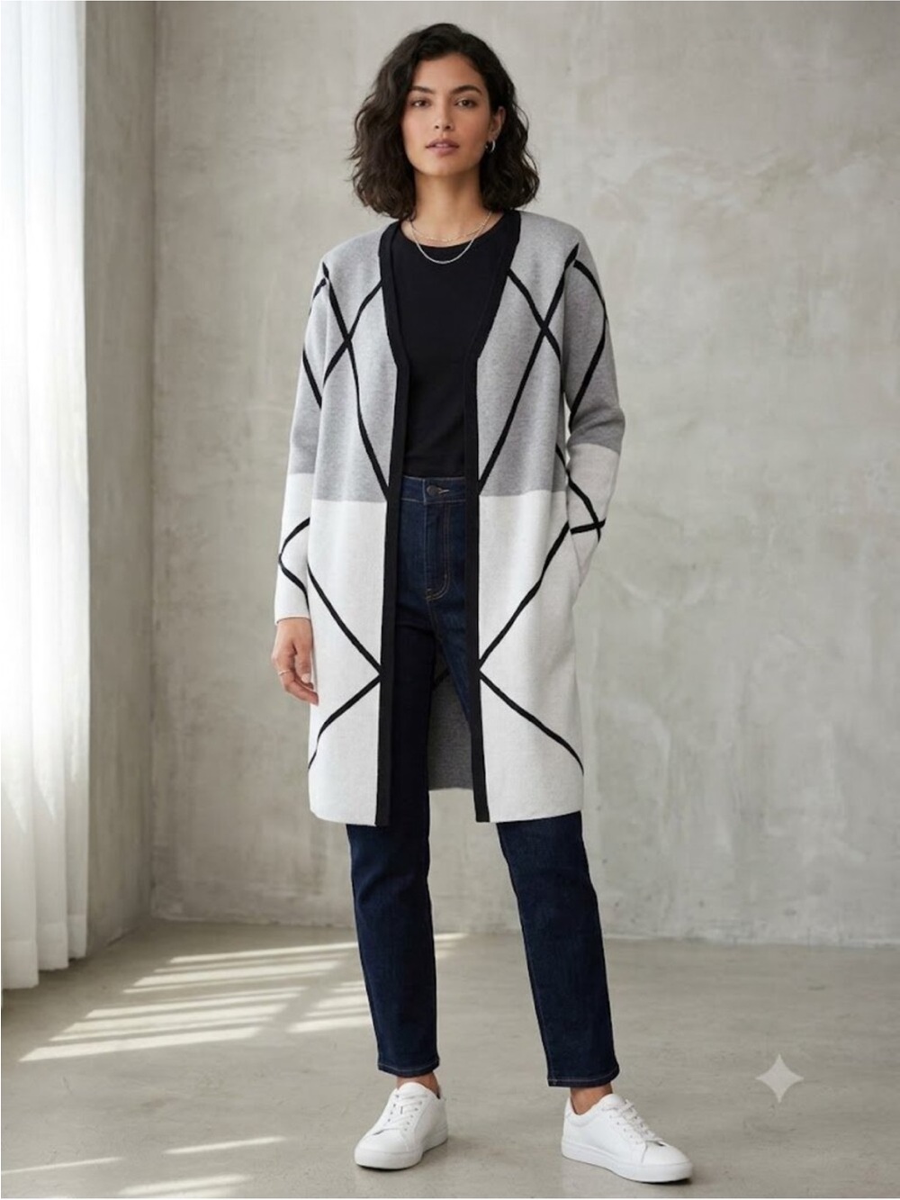 Gray, White & Black Geometric Open-Front Long Cardigan